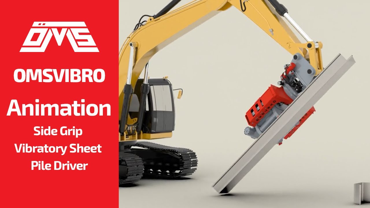OMS Side Grip Vibratory Sheet Pile Driver Animation -  #vibrohammer #piledriving