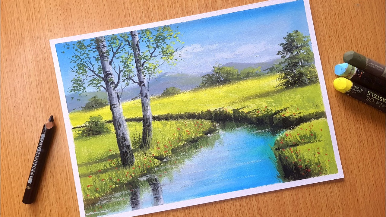 A PEACEFUL LANDSCAPE - Oil Pastel Nature Scenery Drawing Tutorial