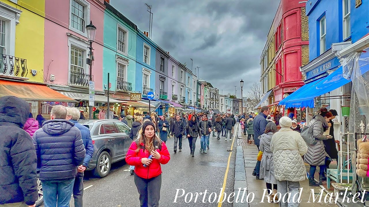 Portobello Road Market from Notting Hill Gate Station | London Winter Walk  - January 2023 [4K HDR]