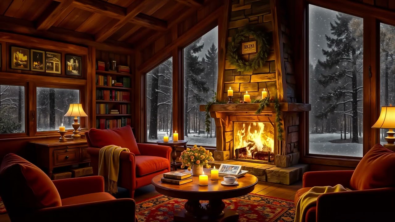Cozy Winter Room Ambience with Relaxing Blizzard ❄️ Warm Jazz & Crackling Fireplace for Study, Sleep