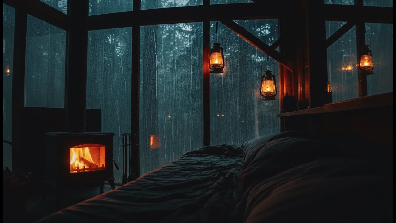 Can’t Sleep? 🌙 Gentle Rain & Fireplace in a Cozy Cabin Room