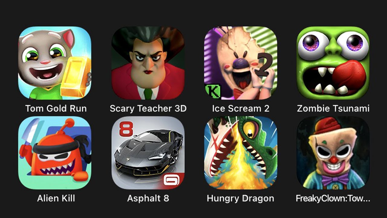Tom Gold Run, Scary Teacher 3D Easter Disaster, Ice Scream 2, Zombie Tsunami, Alien Kill, Asphalt 8