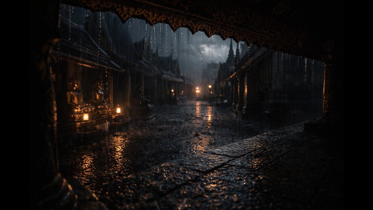 Heavy Rain Sounds in Ancient Bangkok Temple 🌧️ 10 Hours of Dark Night Rain for Sleep & Relaxation