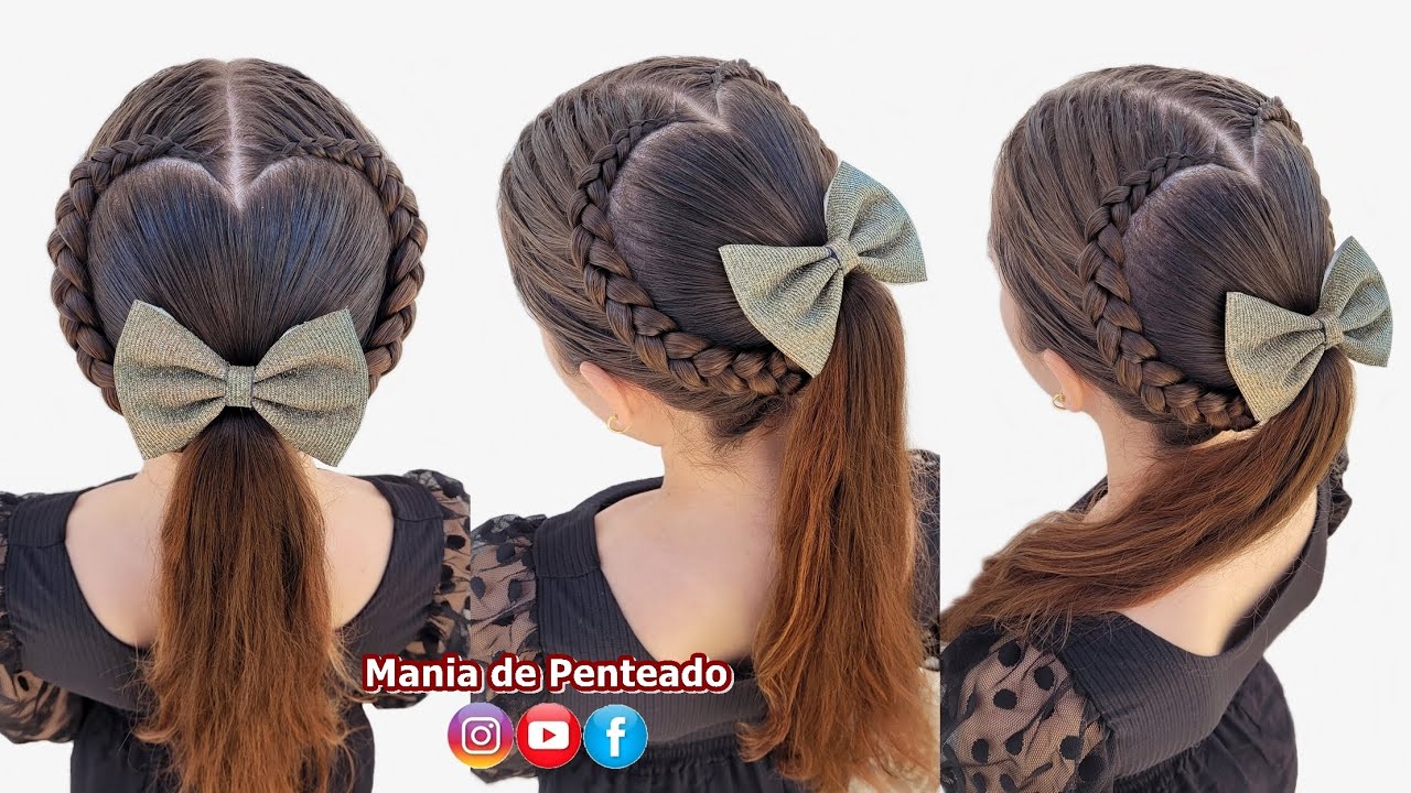 Penteado com Tranças Coração e Rabo de Cavalo | Heart Hairstyle with Ponytail and Braids for Girls💖🥰