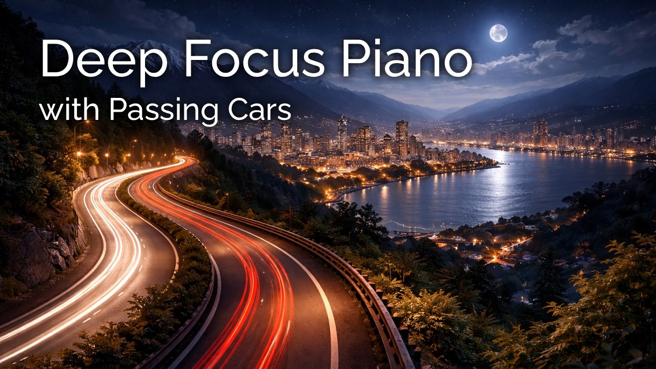 Deep Focus Piano with Passing Cars | Calm Night Road Ambience