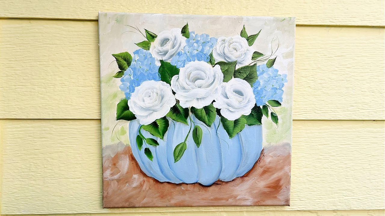 Blue Pumpkin and White Roses - Fall Painting Tutorial