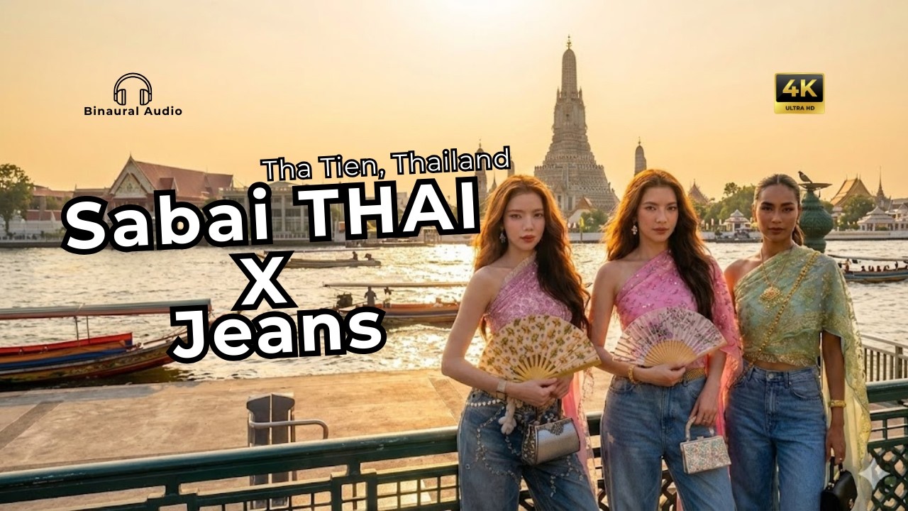 4K & Binaural Audio : Bangkok Fashion Trend 2026: Wearing Thai Sabai with Jeans at Tha Tien 🇹🇭