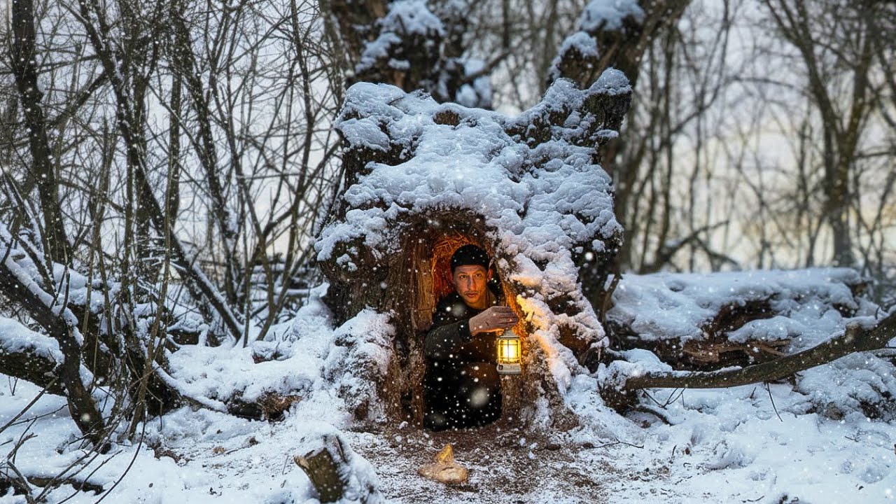 Building a Secret Shelter in a Giant Hollow Tree. Warm Stove & Winter Survival