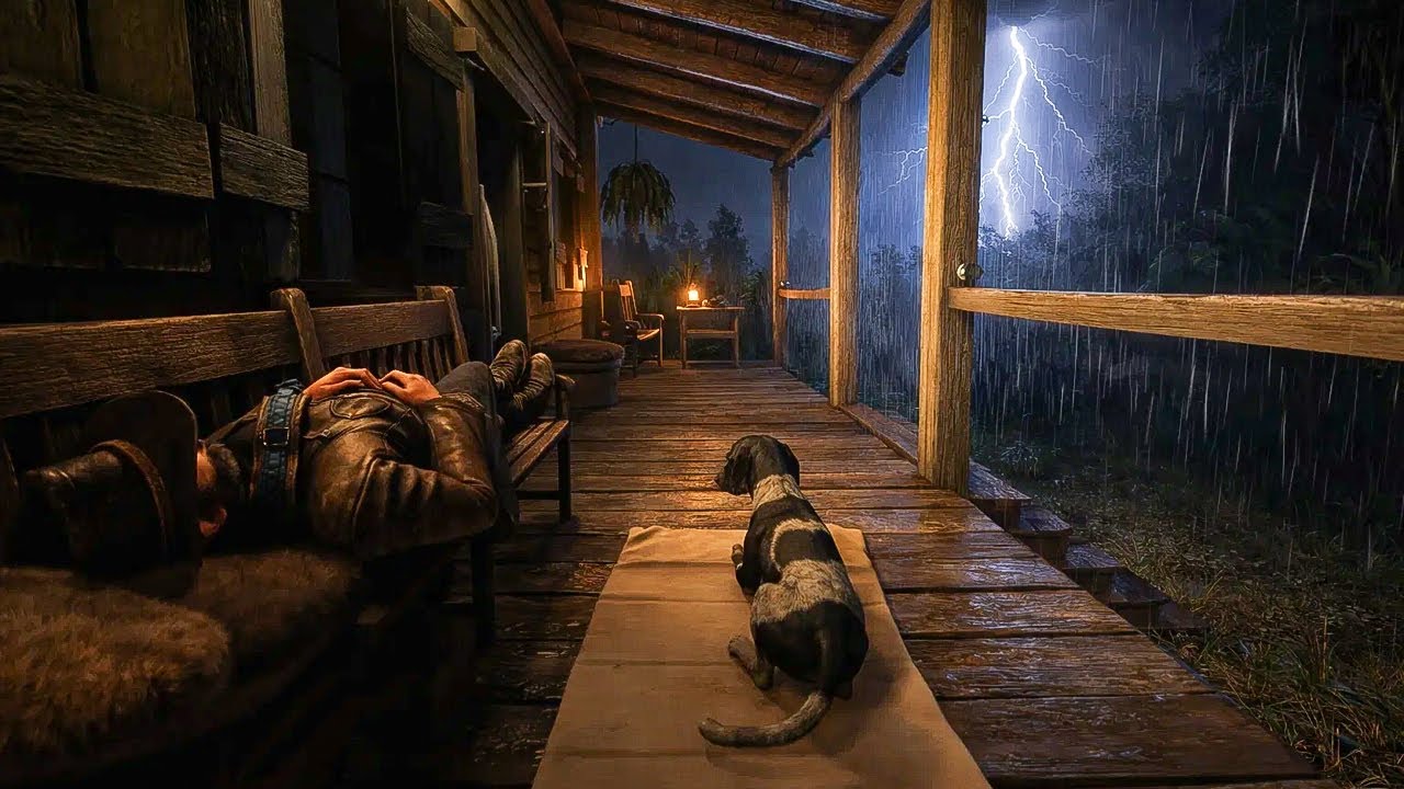 Arthur's Peaceful Shelter with His Dog Under a Porch Roof During Thunderstorm | RDR2 ASMR