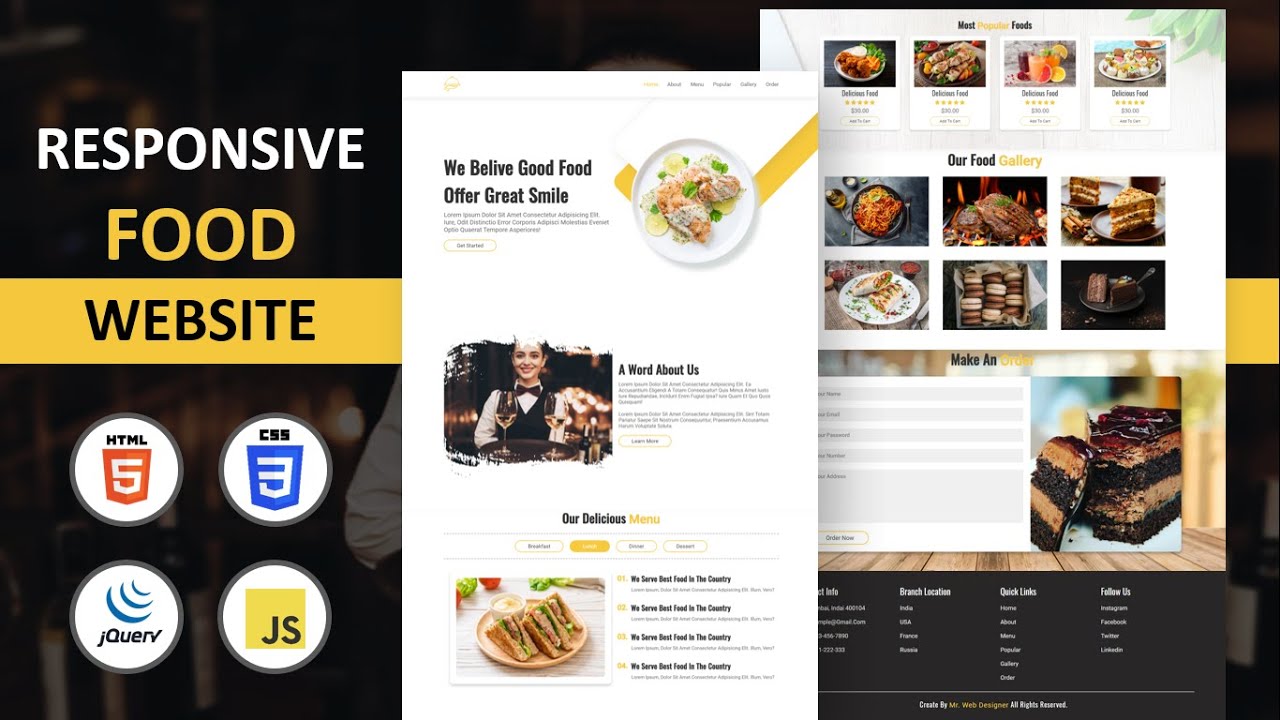 Animated Responsive ' FOOD And Restaurant '  Website Design Using [ HTML CSS JS ] - From Scratch
