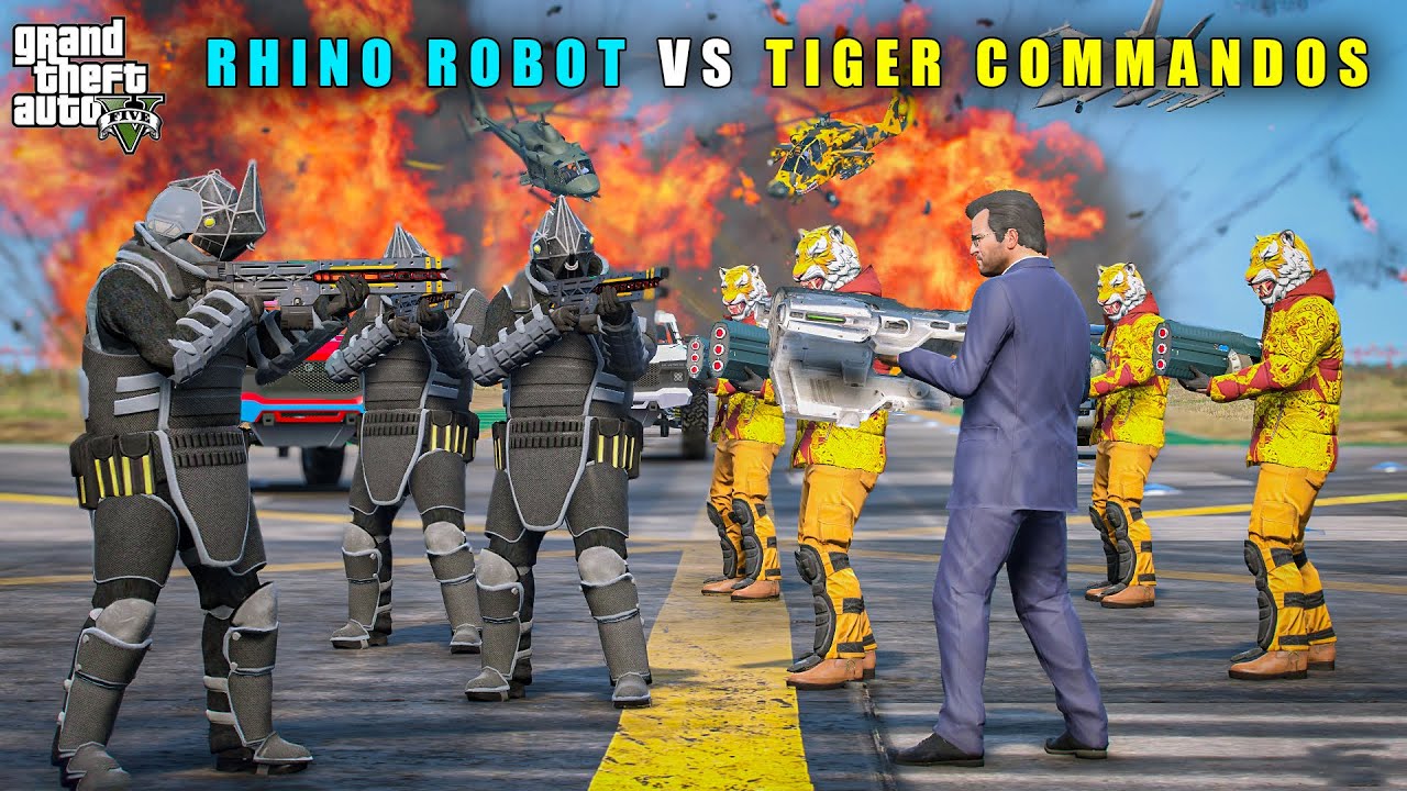 GTA 5 : VICTORY'S RHINO ROBOT VS MICHAEL'S TIGER COMMANDOS