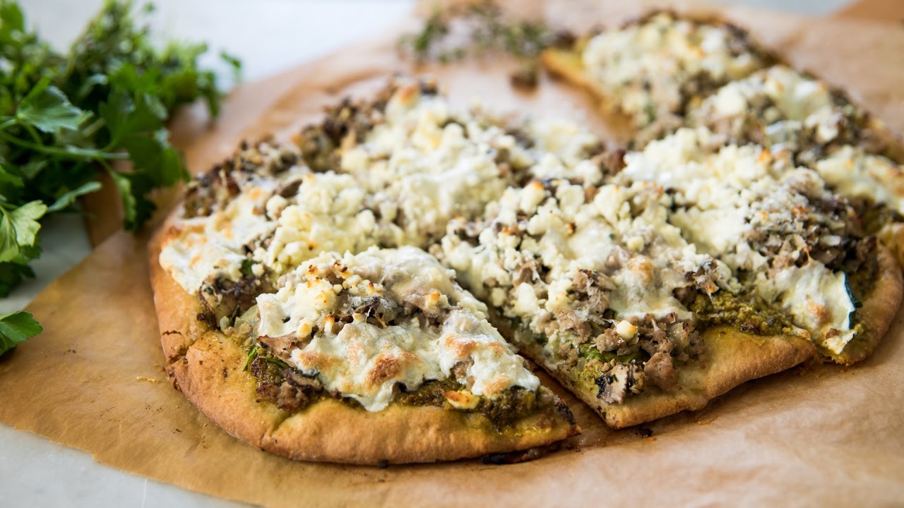 Sausage, Pesto & Spinach Pizza