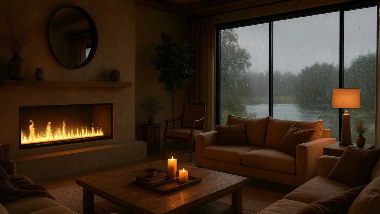 The Best Relaxing Lake View: 10 Hours of ASMR Thunderstorm & Crackling Fireplace Ambience ⛈️🌧️ 4K