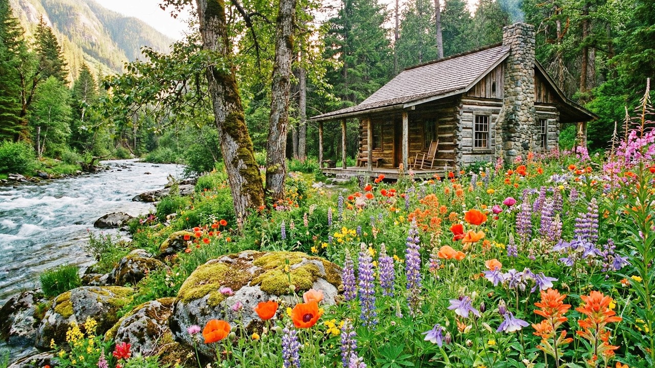 Cabin in the Wildflowers by a Rushing Mountain River | Sleep and Relaxation Sounds