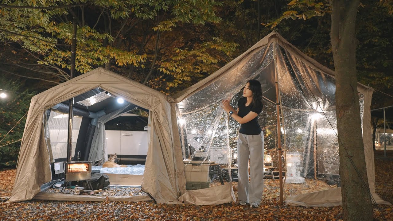 Ночевка в кемпинге в надувной палатке с прозрачным тамбуром / Camping V-log