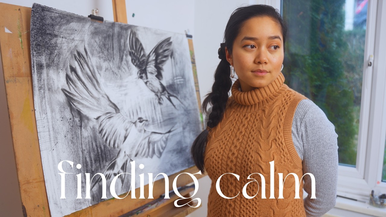 🌙 Calm Art and Music to Relax & Study To 🌿Charcoal Birds (Ambient Music, No Talking) 🕊️ | Art Vlog