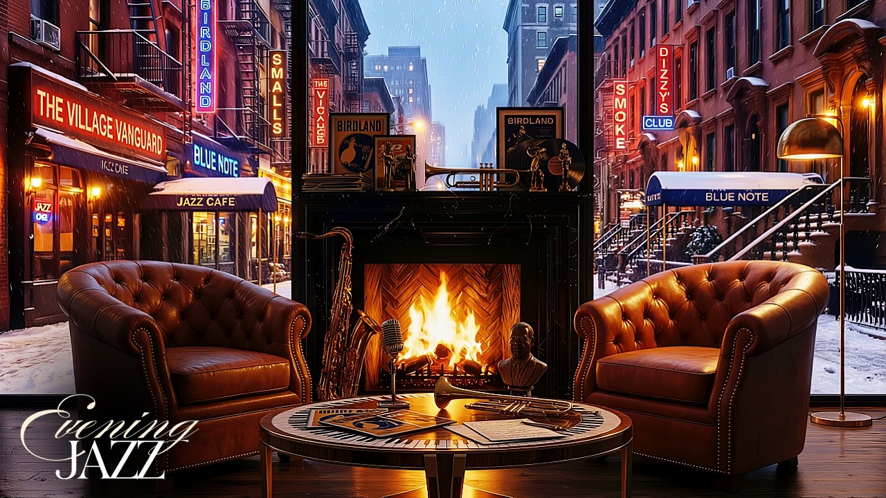 New York Jazz Fireplace Ambience ❄️ Snowy Winter Café Evening with Smooth Piano & Crackling Fire