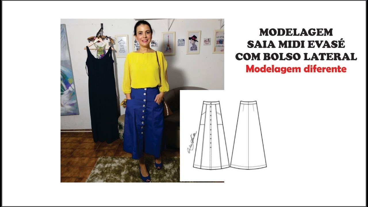 SAIA MIDI EVASE COM BOLSOS LATERAIS - MODELAGEM COM CÉLIA ÁVILA