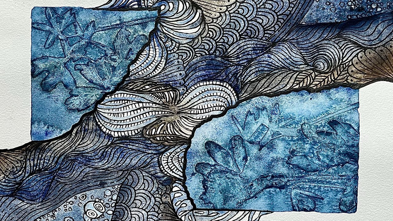 Abstract watercolor line and wash, w/ flower imprints and doodles💙 Doodle/paint along, written guide