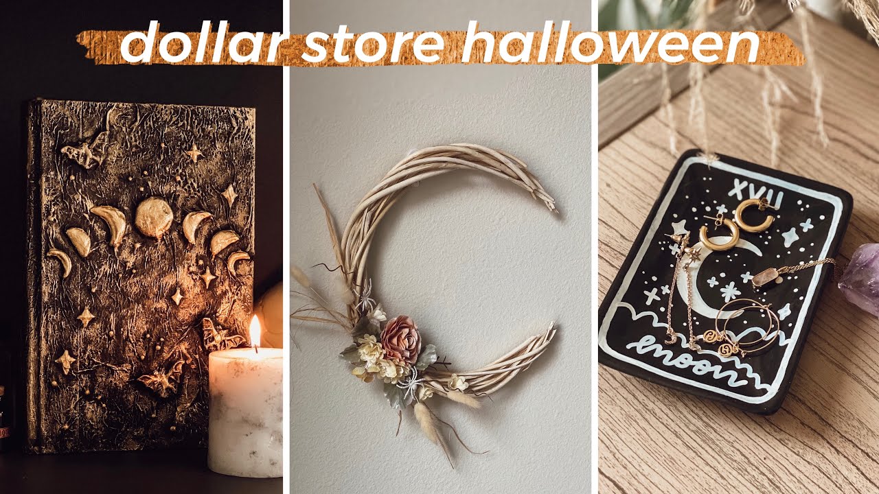 DIY HALLOWEEN HOME DECOR *LUNAR* | Dollar Tree Magic Spell Book, Tarot Card Dish, and Moon Wreath