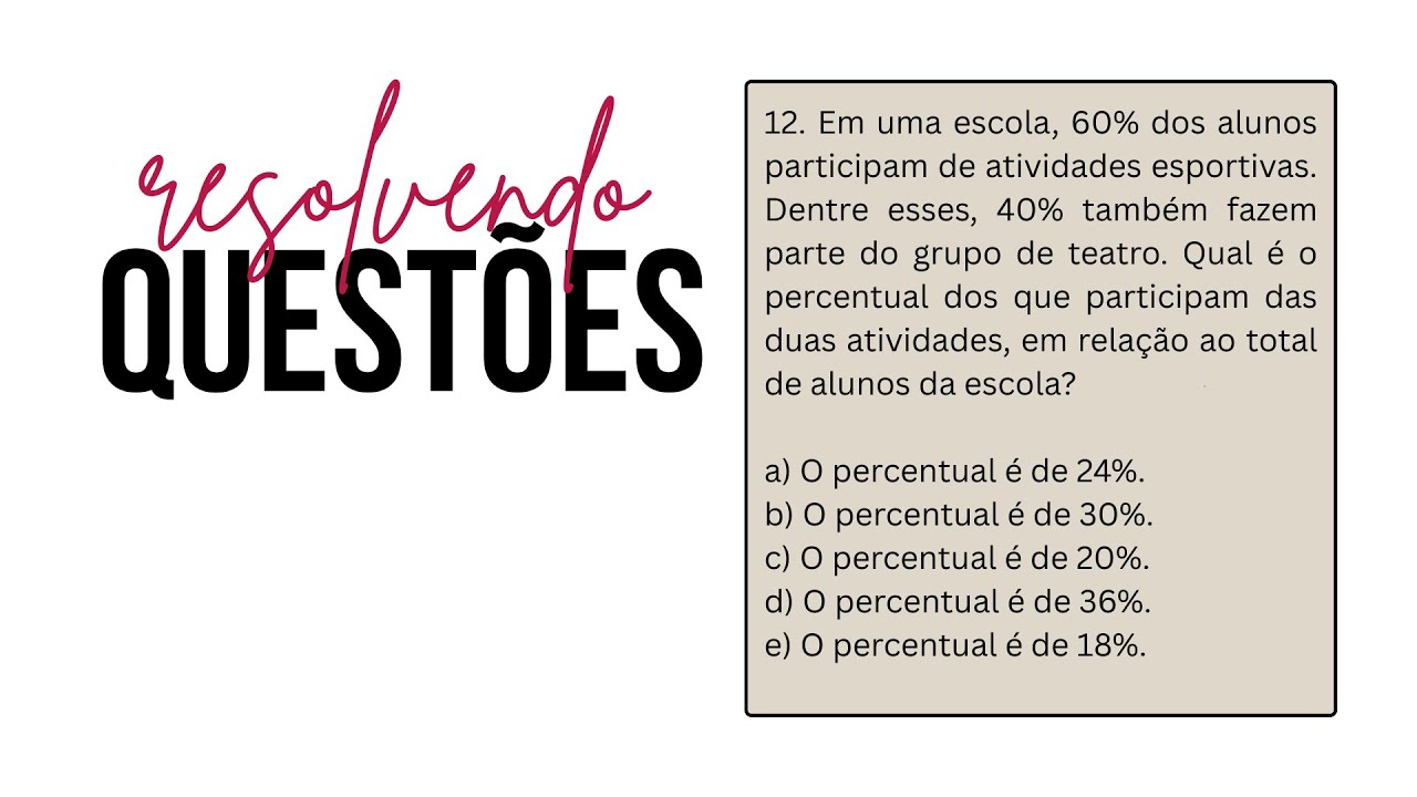 [PORCENTAGEM] Em uma escola, 60% dos alunos participam de atividades esportivas. Dentre esses...