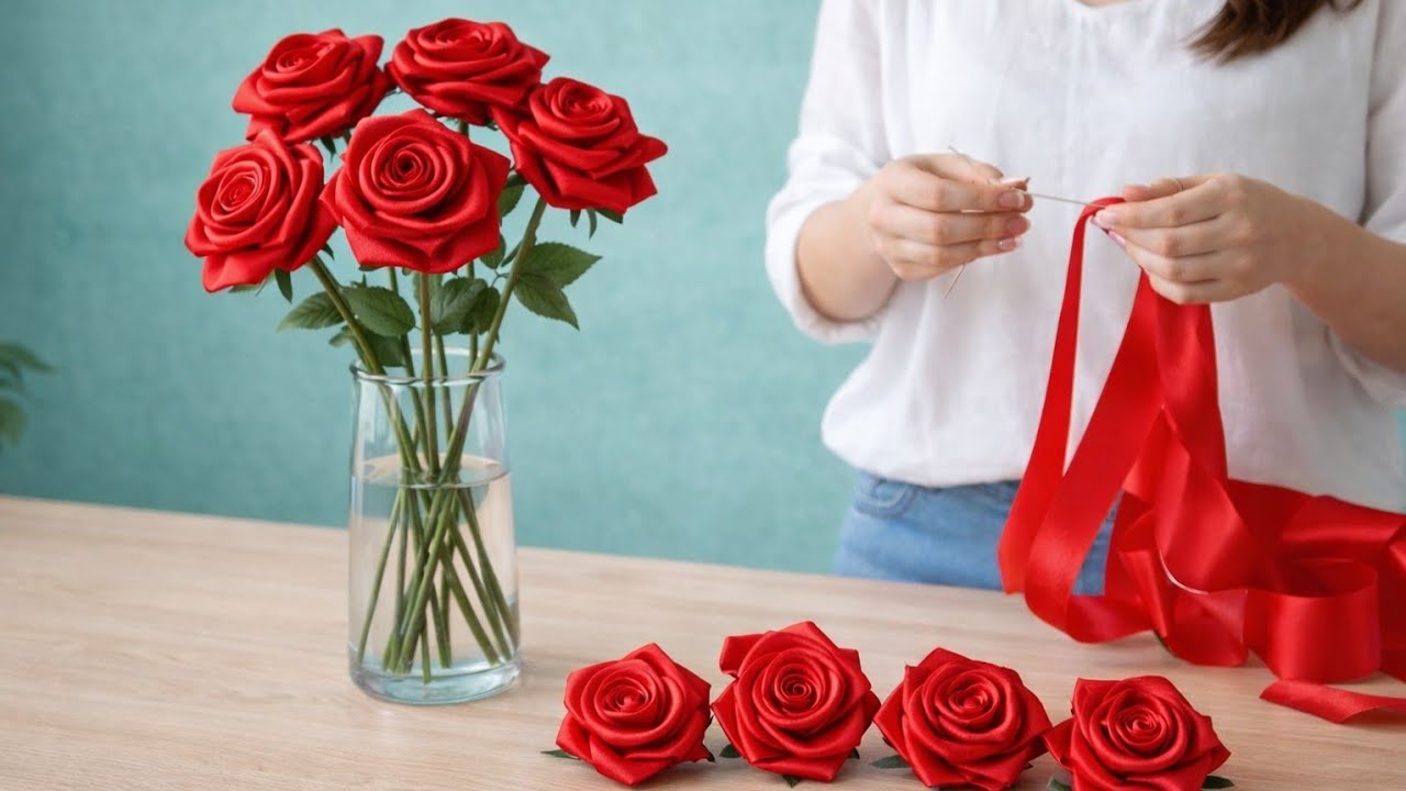 DIY Ribbon Flowers / How to make ribbon flowers / Easy making with needle / Amazing Ribbon Tricks