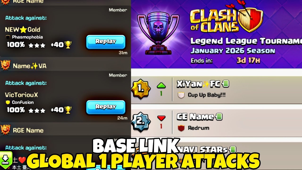 Name Global Top 1 Player Th18 Legend League Hits + Base Link | Th18 Attack Strategy | COC