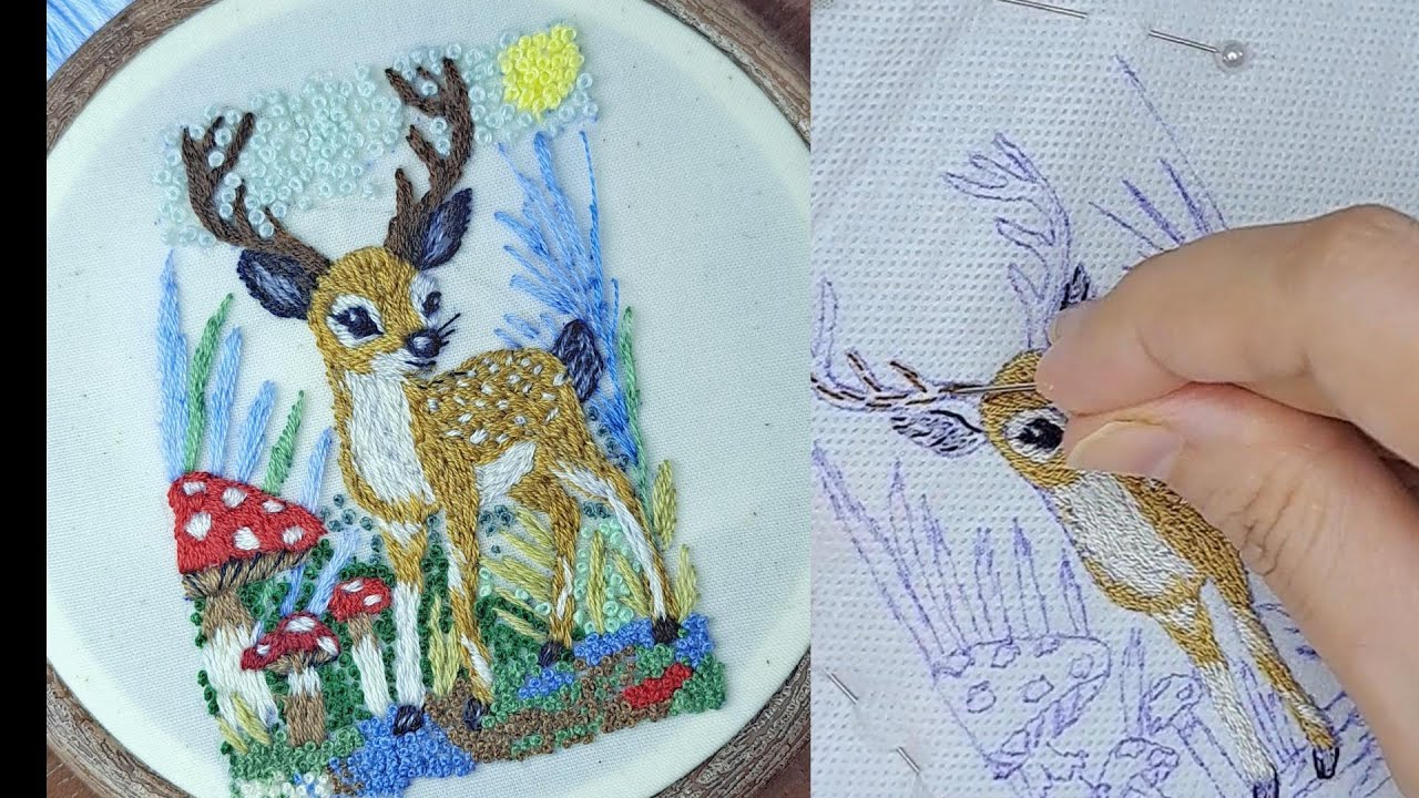 دوخت  ترکیبی مرحله به مرحله Deer embroidery stitch دوخت با یک تار از شش تار نخ گلدوزی و سوزن نازک