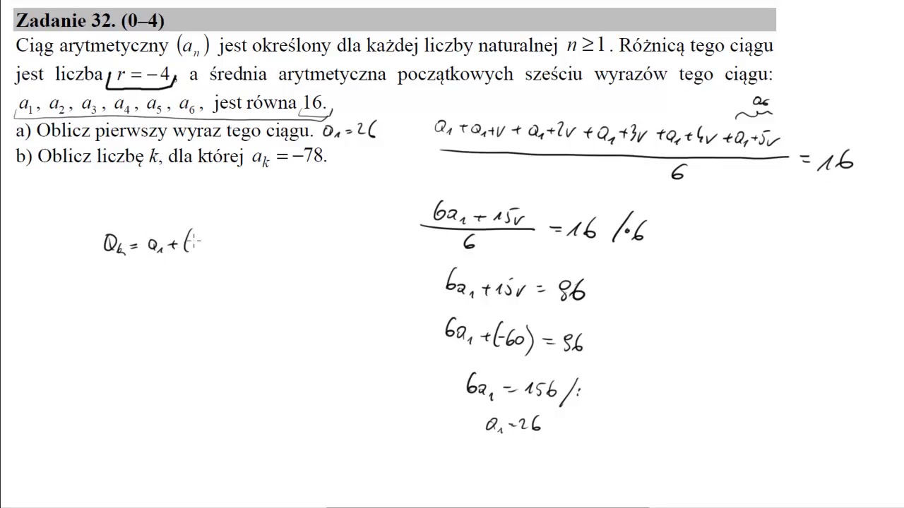Matura podstawowa z matematyki maj 2019 zadanie 32 Ciąg arytmetyczny (an) jest określony dla każdej