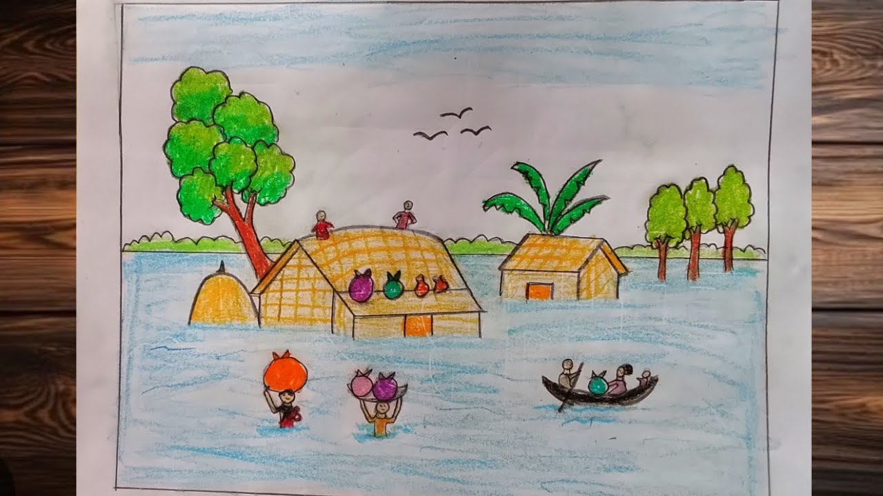 How to Draw Scenery of Flood Step by Step Flood Drawing Easy Scenery Drawing Easy #draw #art 