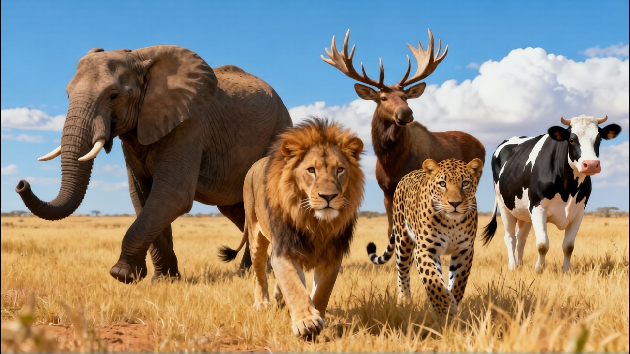 Peaceful Jungle to Savanna Safari:  Panda, Lion, Tiger, Elephant, Rhino