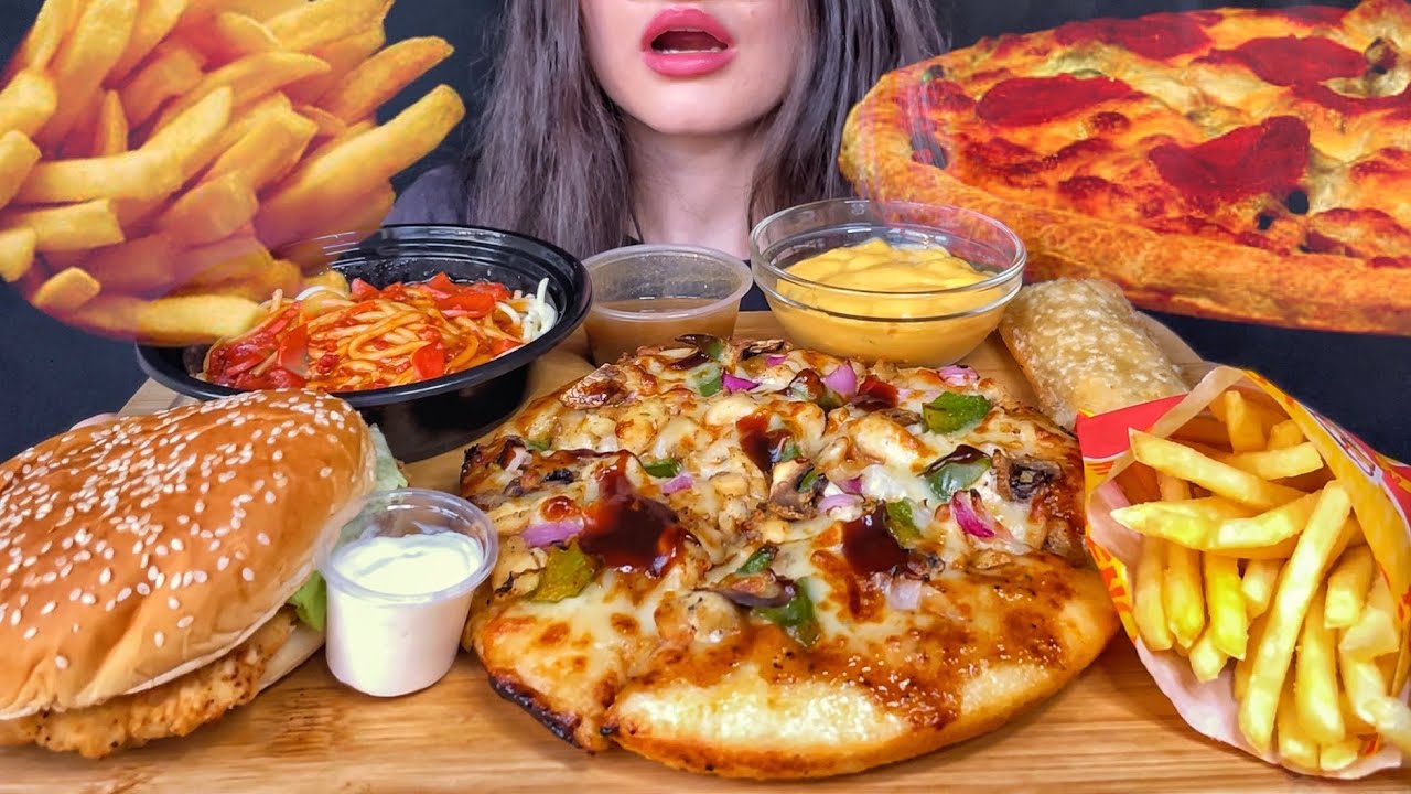 ASMR PIZZA, CHICKEN BURGER, PASTA / NOODLES, FRIES MUKBANG (No Talking) EATING FOOD