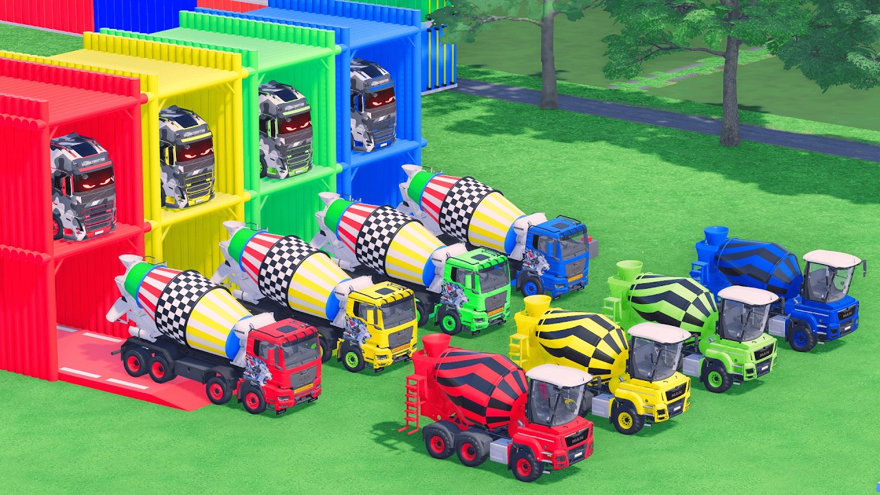 Garage with Colors ALL MIXER TRUCK WITH DOUBLE FLATBED TRAILER TRUCK, VOLVO, MAN, FS25