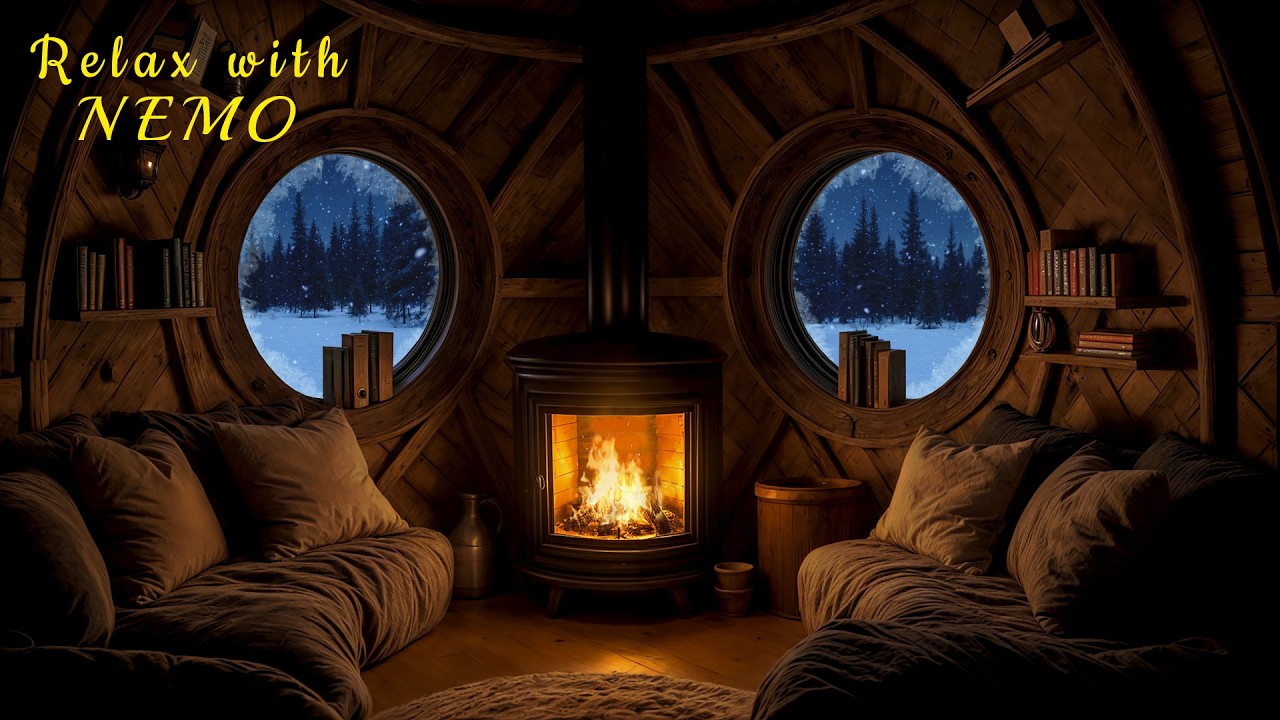 Cozy Hobbit Living Room on a Winter Night ❄️ Snow and Fireplace Sounds / Relaxing Ambience for Sleep