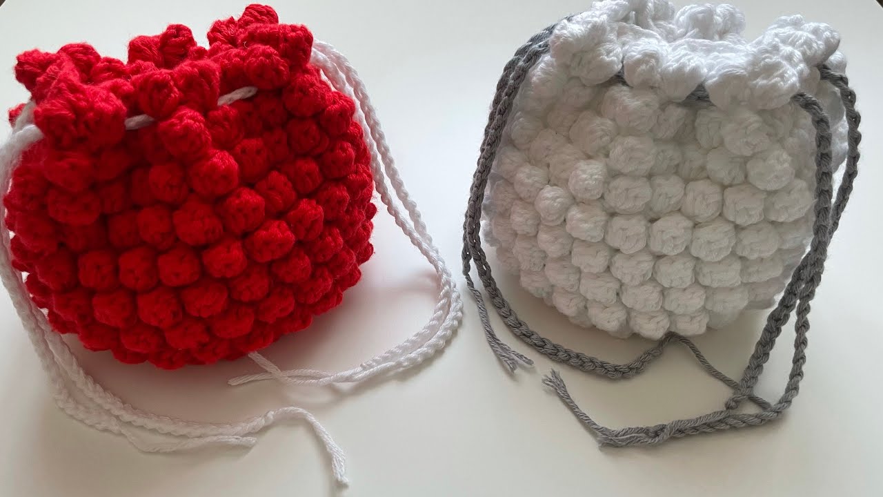 Crochet - Bobble Stitch Bag/Small Pouch/Draw-String Bag