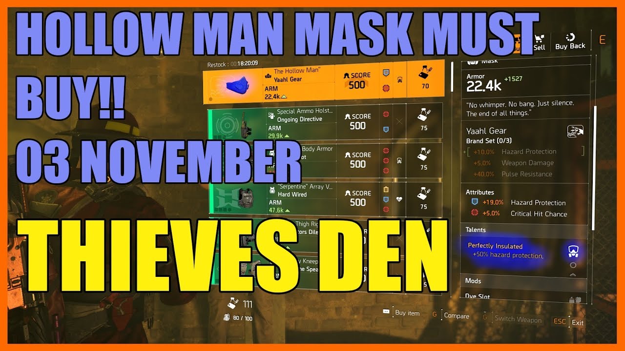 The Division 2 | Thieves Den Selling Hollow Man Mask!! | Perfect Insulated