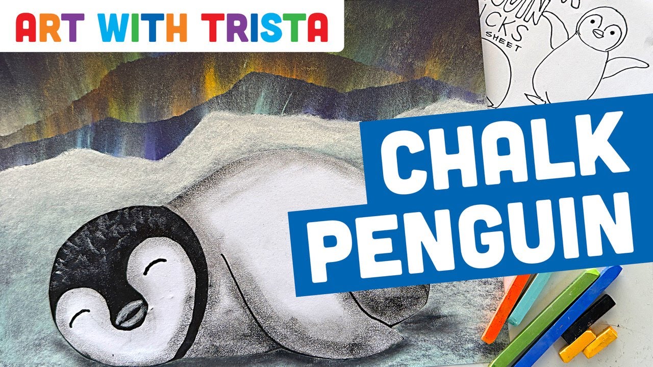 How to Draw a Cute Emperor Penguin Chick with Northern Lights Art Lesson - Art With Trista tutorial