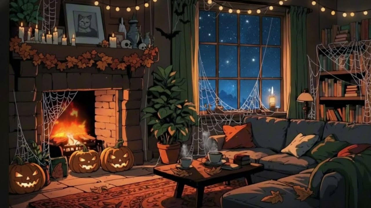 it's 1950s vintage autumn with soft oldies music playing in another room for unwind, sleep, study