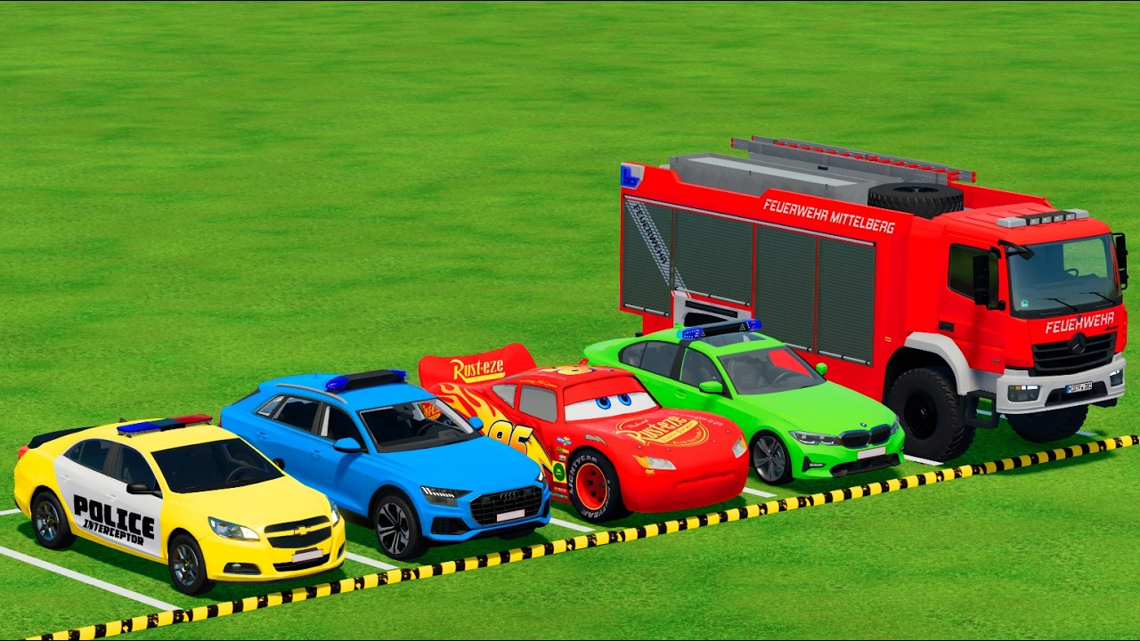 DACIA, MCQUEEN CAR, AUDI POLICE CARS, AMBULANCE EMERGENCY TRANSPORTING WITH TRUCKS ! FS22