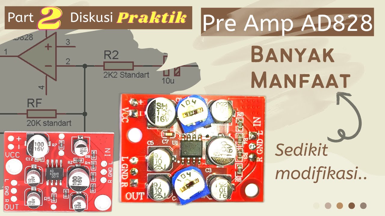 Part2 Preamp stereo AD828 Amplifier modifikasi setting penguat gain sinyal input audio power DC 5 12