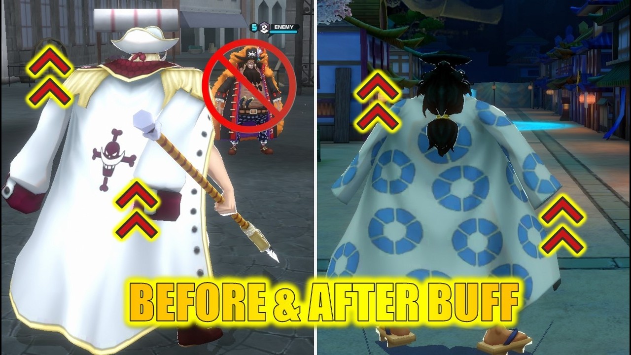 Before & After Buff Comparison of EX Whitebeard & Light Kozuki Oden in One Piece Bounty Rush OPBR