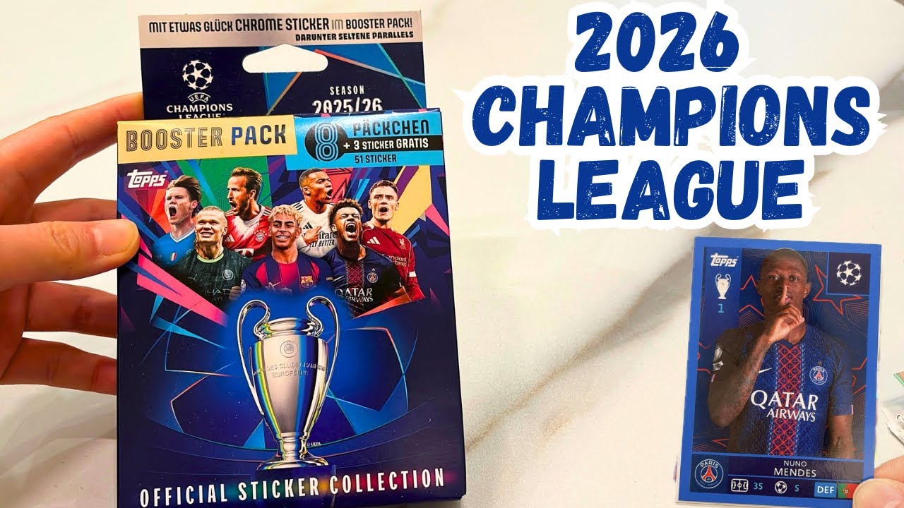 Откройте бустер-пак 2026 года с футбольными наклейками Topps, посвященными Лиге чемпионов УЕФА! К...