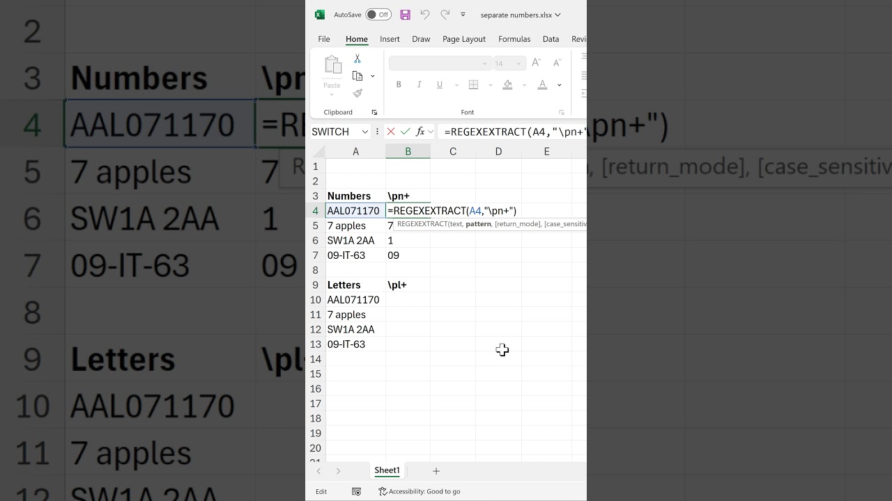 Separate numbers and letters using REGEXEXTRACT in excel