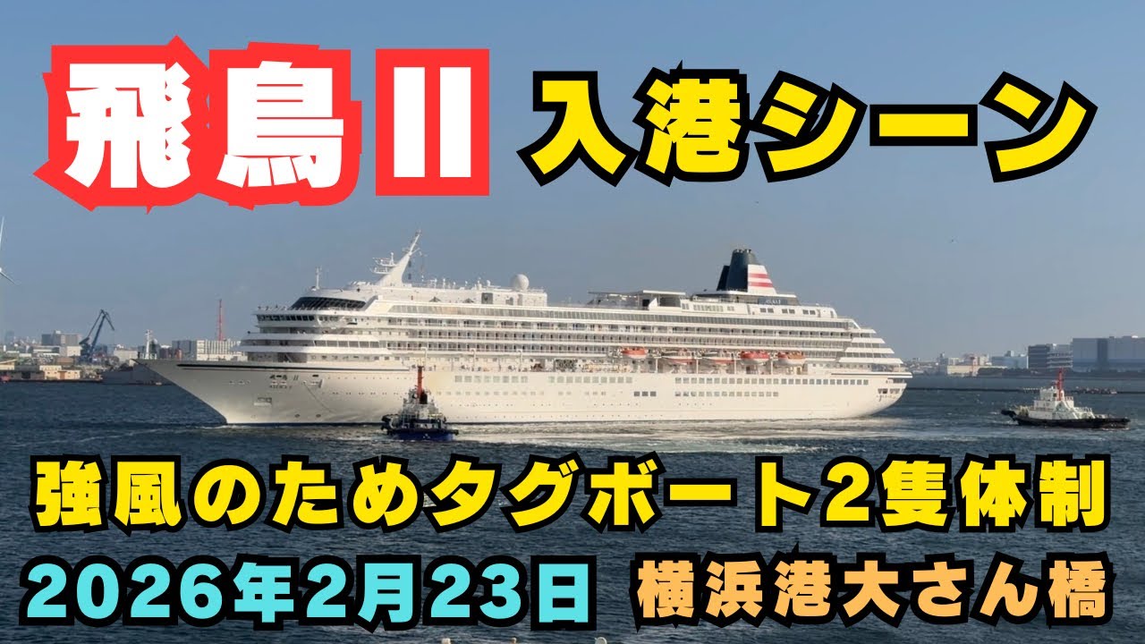 飛鳥Ⅱ入港シーン【2026年2月23日 大さん橋】強風のためタグボート2隻体制
