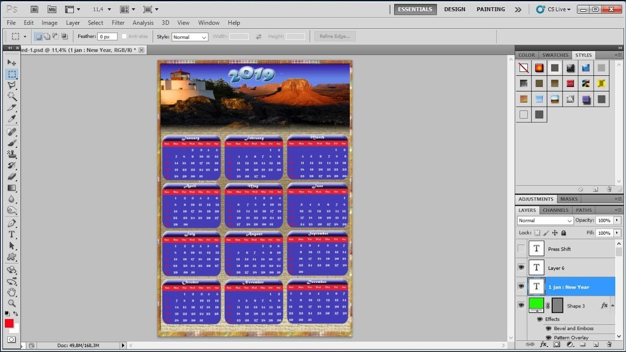 Photoshop tutorials |How to Make a 1-Page Calendar 12 Months in Adobe Photoshop