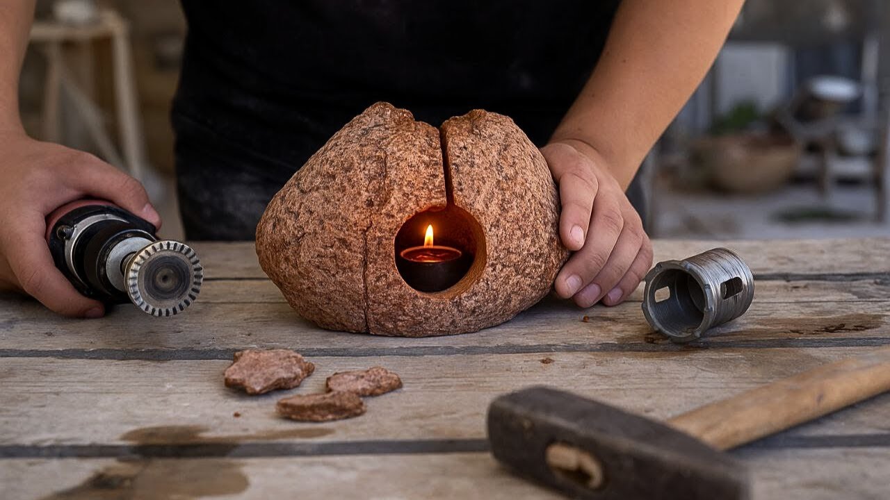 How I Made a Stone Candle Holder Using a Drill and Angle Grinder | Natural Handmade Decor DIY