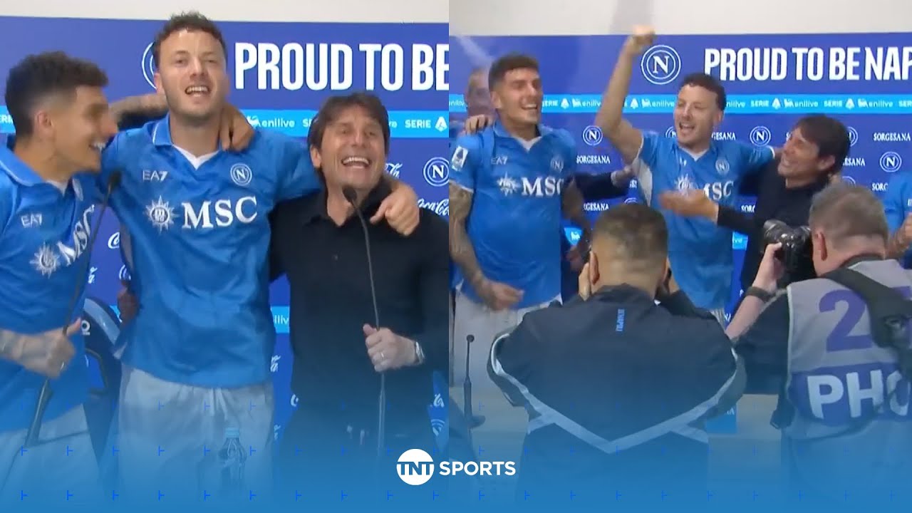 Antonio Conte's press conference gatecrashed by singing Napoli players after Scudetto glory 🏆