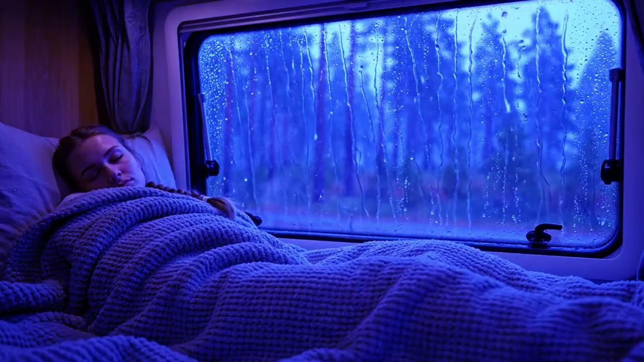 Deep sleep meditation ambience with rain and thunderstorm outside camper van | rain sound