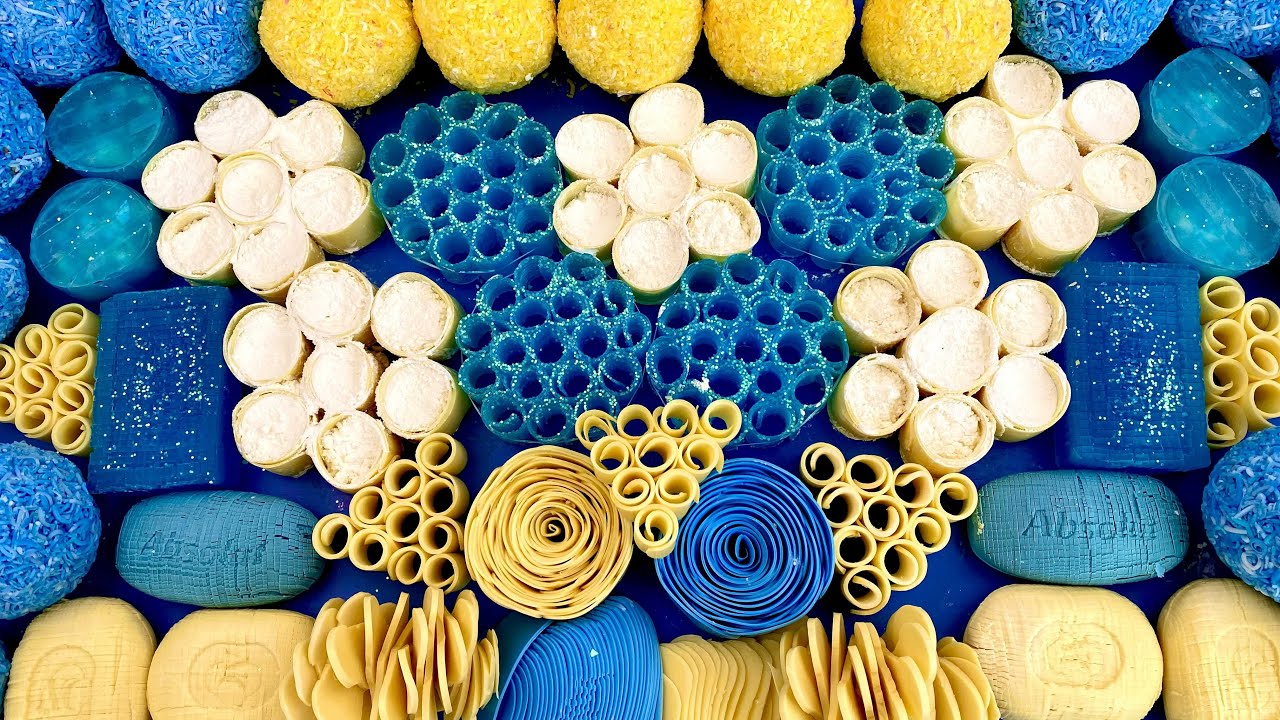 ASMR soap boxes with starch and glitter 💛💙 Crushing soap balls 💛💙 Cutting soap cubes💛💙
