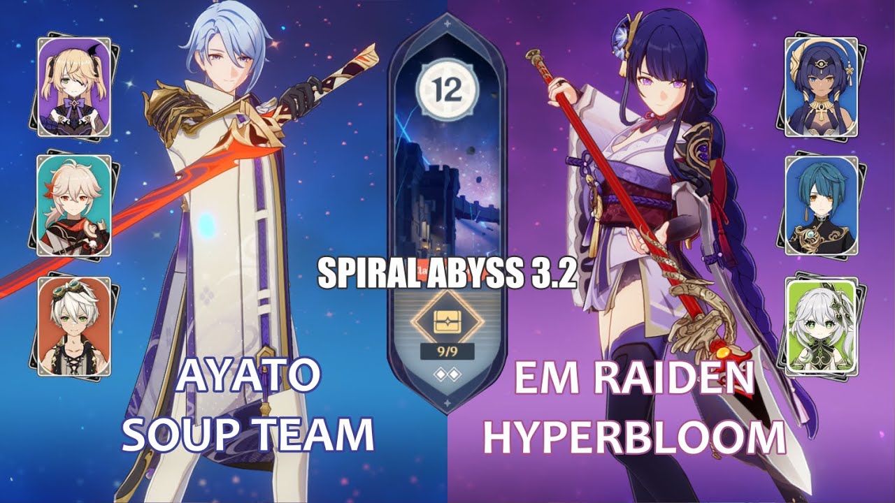 Ayato Soup Team & Raiden hyperbloom EM Spiral Abyss Floor 12 Genshin Impact v.3.2